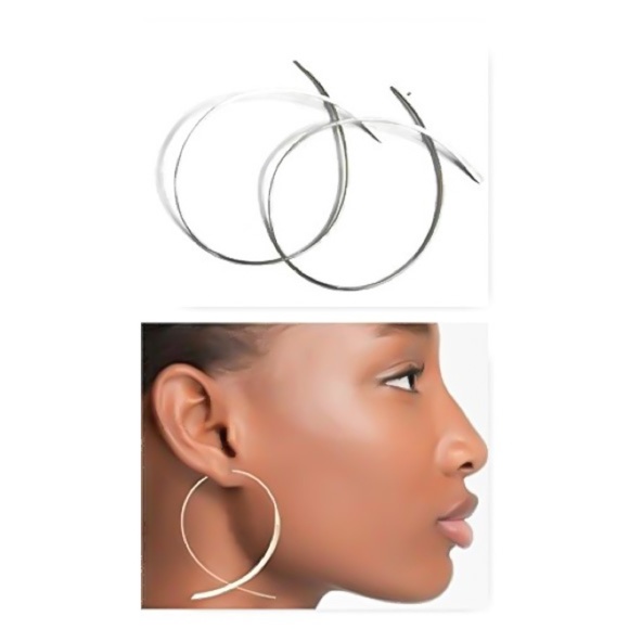 Moodtherapy Jewelry - 925 Sterling Silver Hammered Upside Down Inverted Threader Hoop Earrings 2”